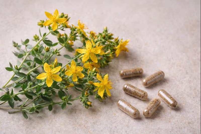 St. John's Wort flowers and supplement capsules