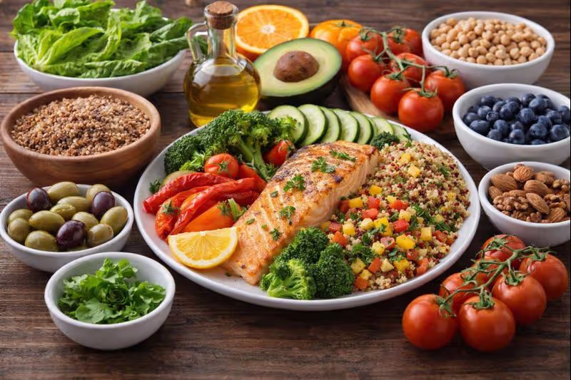 Balanced Mediterranean diet meal with fruits, vegetables, fish, and nuts for mood support