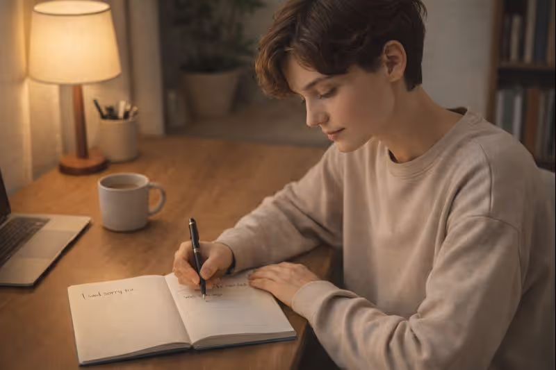 A person journaling at a desk, tracking instances of unnecessary apologizing in a two-column notebook